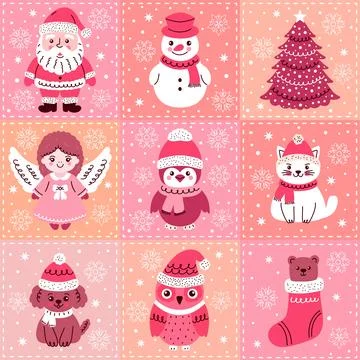 Festive Christmas seamless pattern featuring nine colorful square icons of .. Stock Illustration