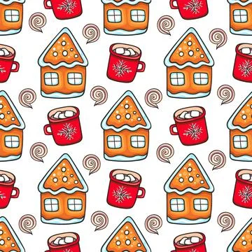 Festive Christmas seamless pattern with gingerbread house Stock Illustration