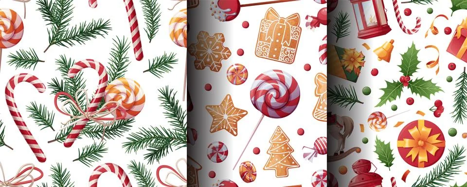 Festive Christmas Seamless Pattern with Gingerbread, Holly, Fir Branches, Candy 库存插图