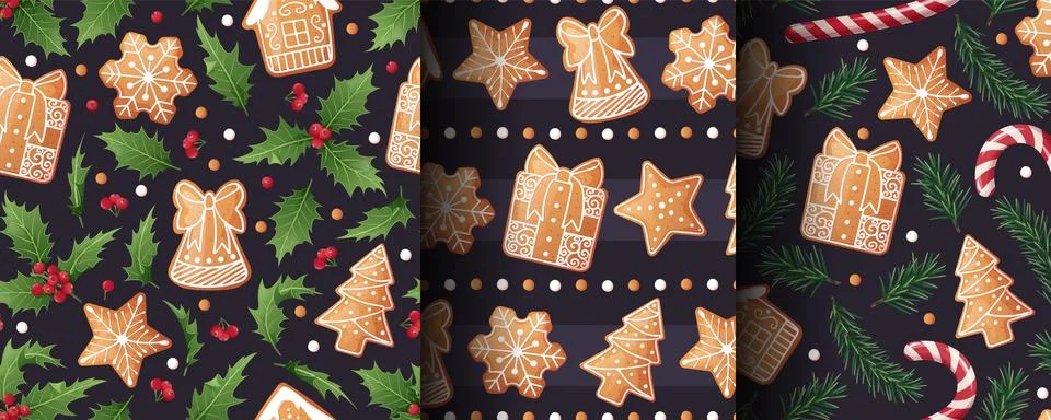 Festive Christmas Seamless Pattern with Gingerbread Cookies, Holly, Fir Branches 库存插图