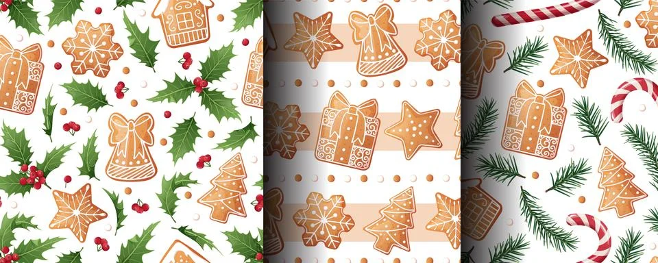 Festive Christmas Seamless Pattern with Gingerbread Cookies, Holly, Fir Branches 库存插图