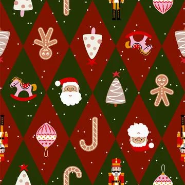 Festive Christmas seamless pattern. Red and green harlequin background with Stock Illustration