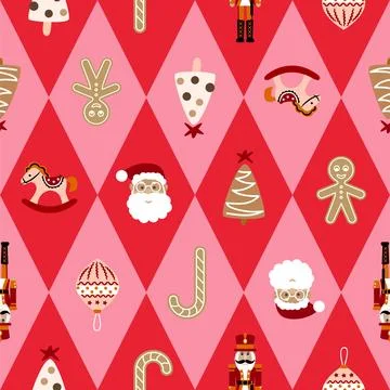 Festive Christmas seamless pattern. Red and pink harlequin background with Santa Illustrazione stock