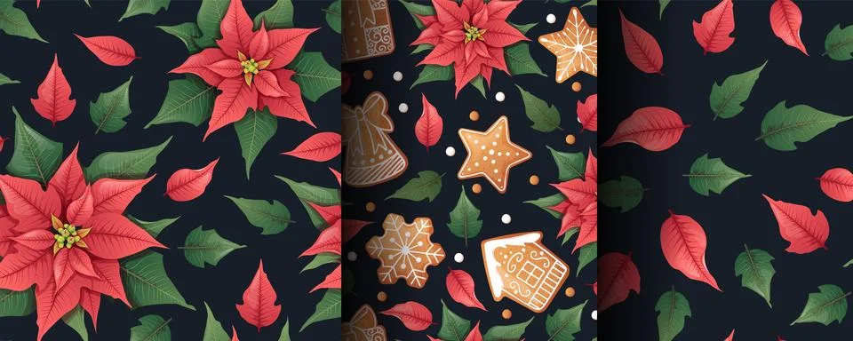 Festive Christmas Seamless Pattern with Red Poinsettia and Iced Gingerbread Stock Illustration