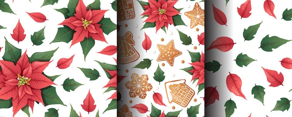 Festive Christmas Seamless Pattern with Red Poinsettia and Iced Gingerbread Illustrazione stock