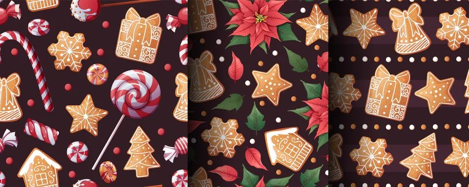 Festive Christmas Seamless Pattern with Red Poinsettia, Candy Canes and Stock Illustration