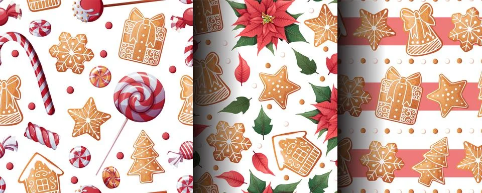 Festive Christmas Seamless Pattern with Red Poinsettia, Candy Canes and Stock Illustration