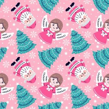 Festive Christmas  seamless pattern with Santa, Angel and Christmas trees o.. Stock Illustration