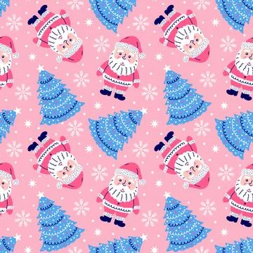 Festive Christmas  seamless pattern with snowflakes, Santa Claus and Christ.. Stock Illustration