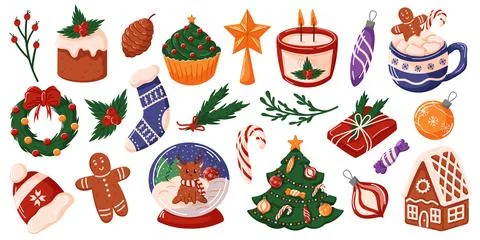 Festive Christmas set with holiday elements like gingerbread man, house, tree Stock Illustration