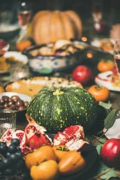 Festive Christmas table with different snacks, selective focus Stock Photos