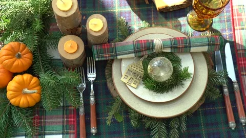 Festive Christmas table setting. Checkered napkins Stock Footage 145085245