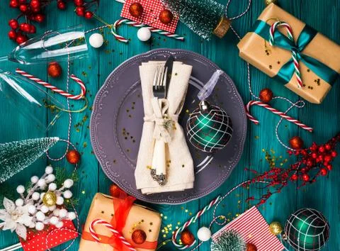 Festive christmas table setting concept Stock Photos