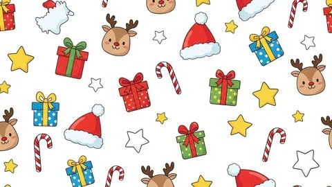 Festive Christmas themed background pattern of cartoon reindeer, gifts, can.. Stockillustratie