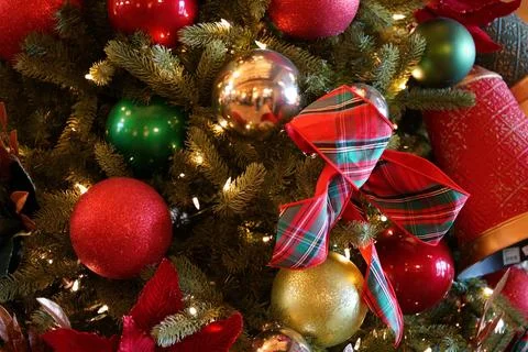 Festive Christmas tree adorned with an array of vibrant and eye-catching ornamen 스톡 사진