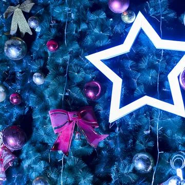 Festive Christmas tree background with decorations Stock Photos