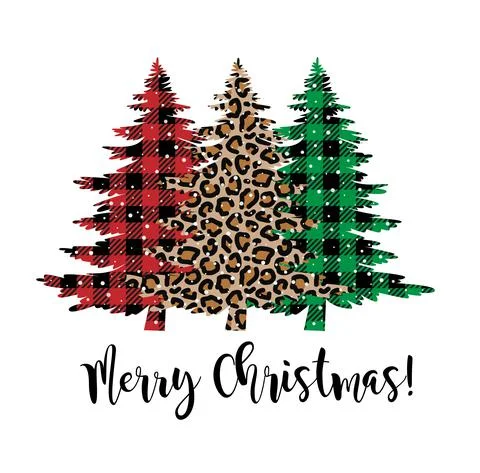 Festive Christmas tree card in pattern at Buffalo Plaid and leopard pattern. Stock Illustration