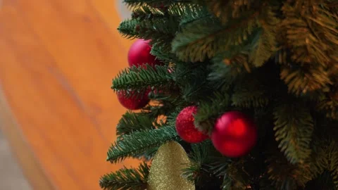 Festive Christmas Tree Close-Up with Red Ornaments Stock Footage 308793113