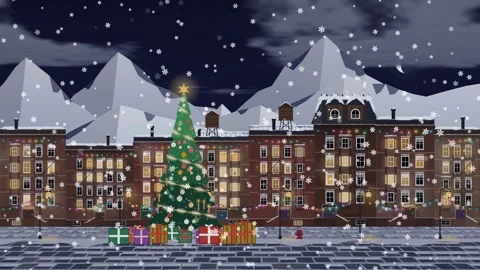 Festive Christmas tree glows in a snowy city street surrounded by colorful Stock Footage 342321629