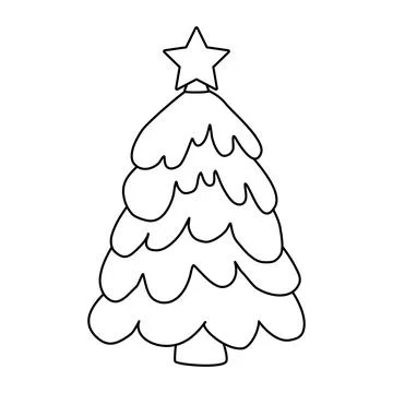 Festive Christmas tree or pine with star on top, doodle style flat vector Stock Illustration