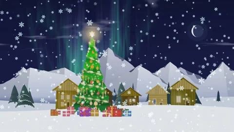 Festive Christmas tree with a snow-covered village, day to night tima lapse Stock Footage 342320138
