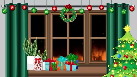 Festive Christmas Window Animation with Burning Fireplace and Decorated Tree Video stock 345804199