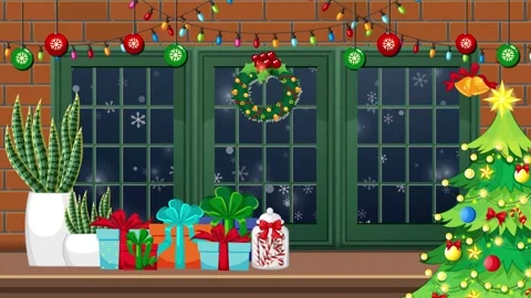 Festive Christmas Window with Falling Snow and Decorated Tree Animation Stock Footage 344836469