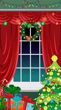 Festive Christmas Window Scene with Tree and Wrapped Gifts Stock Illustration