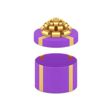 Festive circle violet gift box with open cap and golden bow ribbon 3d icon re Stock Illustration