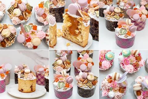 Festive collage with orthodox easter bread richly decorated with sweets, maca Stock Photos