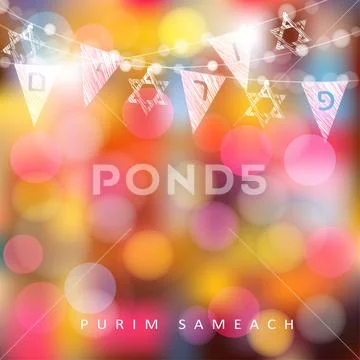 Festive colorful greeting card, invitation with string of lights, Jewish stars Stock Illustrationen