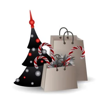 Festive composition with Christmas tree and gift bags with branches and candyes Stock Illustration