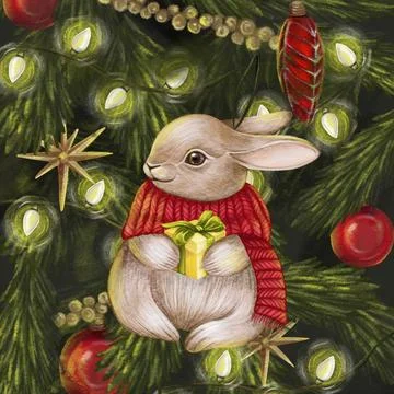 Festive composition with a Christmas tree and a toy rabbit. There is space .. Stock Illustration
