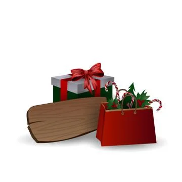 Festive composition with Christmas tree branches in a gift bag and boxes with Stock Illustration