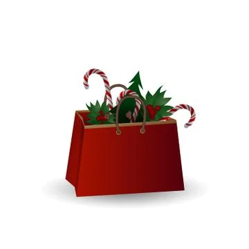 Festive composition with Christmas tree branches and sweets in a gift bag on a Stock Illustration