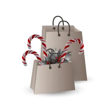 Festive composition with Christmas tree branches and sweets in a gift bag on a Stock Illustration