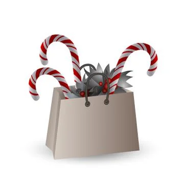 Festive composition with Christmas tree branches and sweets in a gift bag on a Stock Illustration