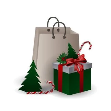 Festive composition with Christmas tree, gift bags and boxes with branches and Stock Illustration