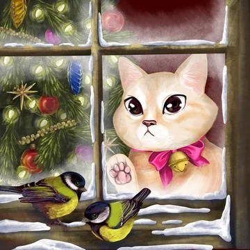 Festive composition with a Christmas tree outside the window and a cat watc.. Stock Illustration