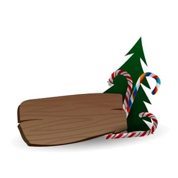 Festive composition with Christmas tree, sweets and the wooden board on a white Stock Illustration
