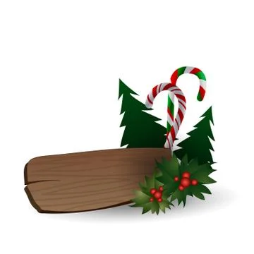 Festive composition with Christmas tree, sweets and the wooden board on a white Stock Illustration