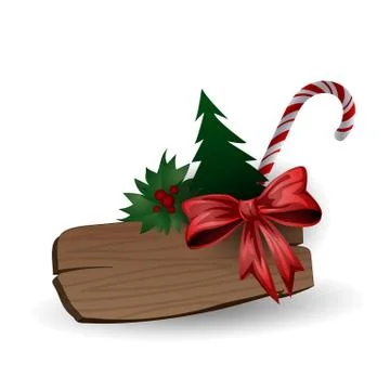 Festive composition with Christmas tree, sweets and the wooden board on a white Stock Illustration