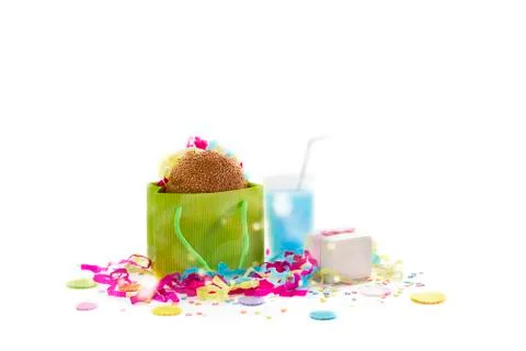 Festive composition drinks snacks holiday hamburger cookie tinsel confetti gi Stock Photos