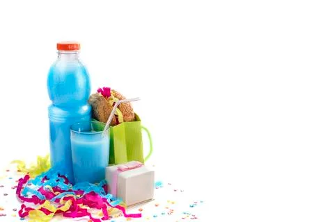 Festive composition drinks snacks holiday hamburger cookie tinsel confetti gi Stock Photos