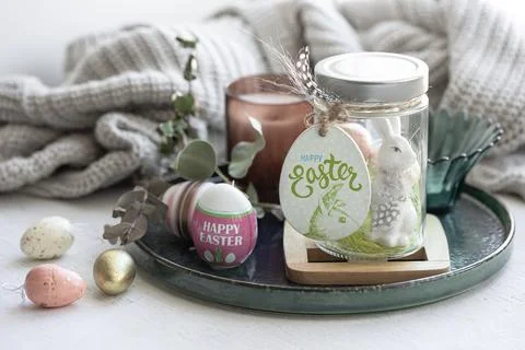 Festive composition for Easter with decorative details close up. 스톡 사진