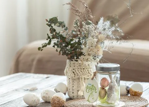 Festive composition for Easter with decorative details close up. 스톡 사진