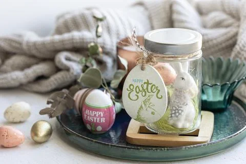 Festive composition for Easter with decorative details close up. 스톡 사진