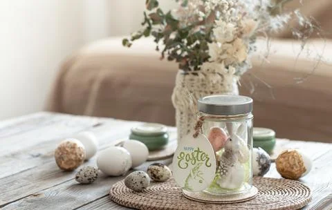 Festive composition for Easter with decorative details close up. 스톡 사진