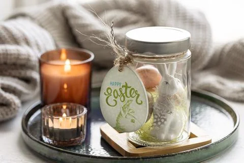 Festive composition for Easter with decorative details close up. 스톡 사진