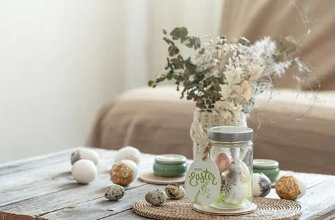 Festive composition for Easter with decorative details close up. 스톡 사진